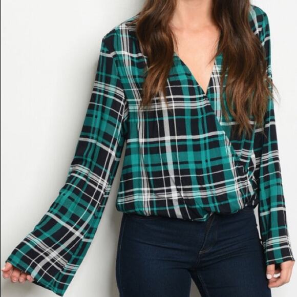 Plaid Surplice Top Bell Sleeve Green Blouse - Picture 1 of 5